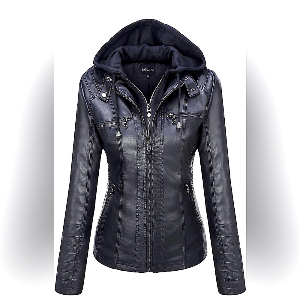 Tanming Women's Removable Hooded Faux Leather Jacket